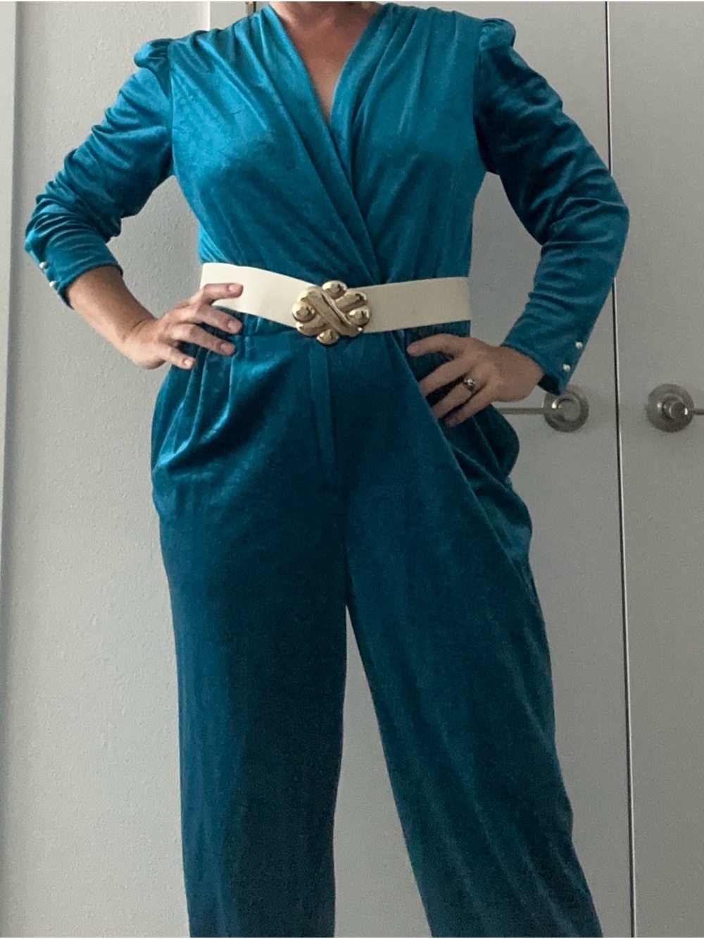 Teal 80’s Vintage Velvet Wrap Jumpsuit with V-Neck
